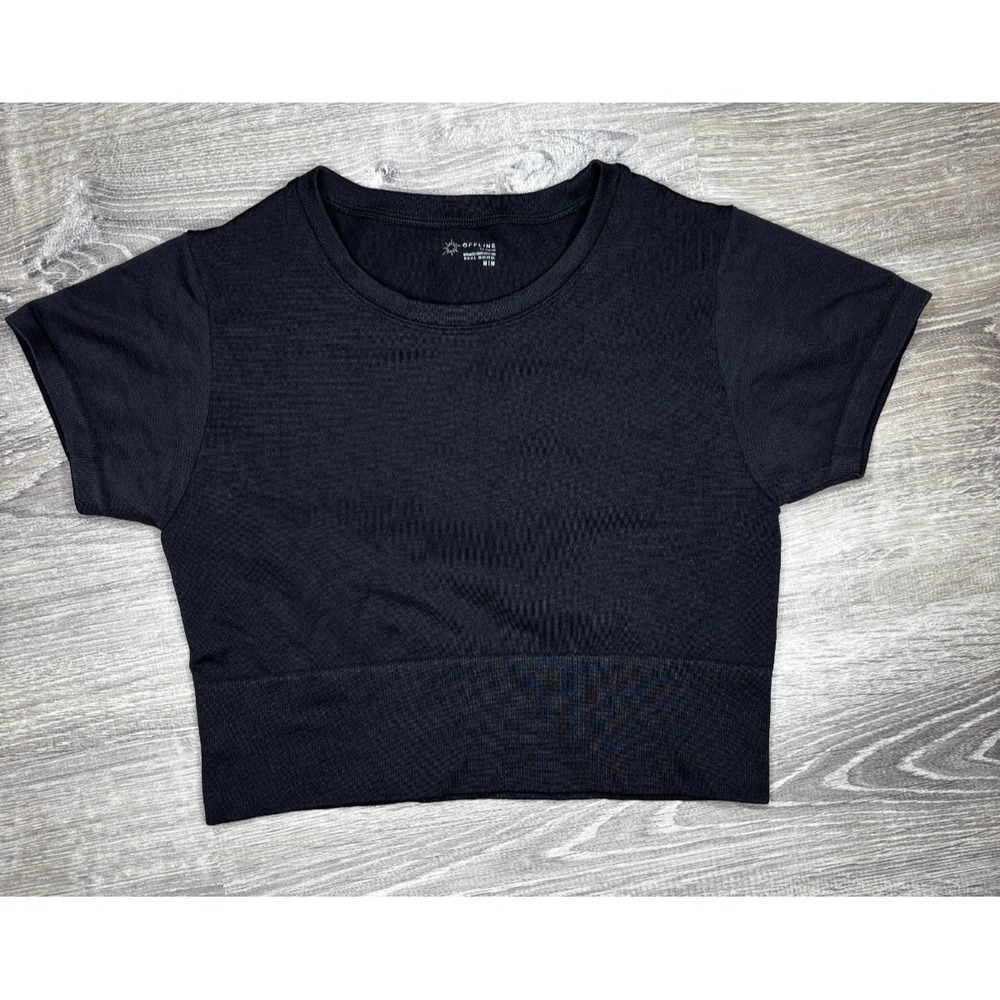 OFFLINE by Aerie Black Textured Short Sleeve Seamless Crop Top Shirt Size Medium